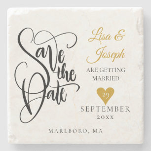 Hand Letted Gold Heart Script Save the Date Steinuntersetzer