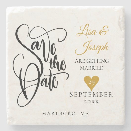 Hand Letted Gold Heart Script Save the Date Steinuntersetzer (Vorderseite)