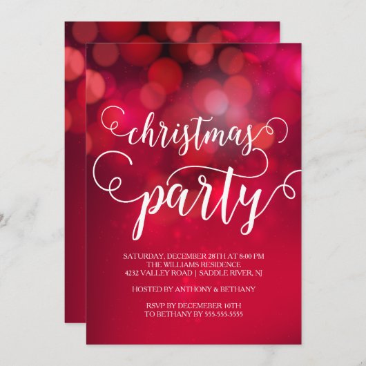 Hand Letted Red Bokeh Lights Weihnachts-Party Einladung (Vorne/Hinten)