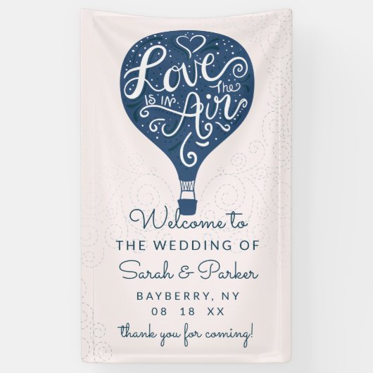 Hand Letter Navy Heißluftballon Hochzeit Willkomme Banner (Vertikal)