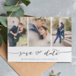 Hand Lettered 3 Save the Date Card<br><div class="desc">Wählen Sie die besten Bilder aus Ihrem Verlobung-Shooting oder Ihre Lieblingsfotos von Ihnen beiden für dieses perfekte Save the Date. Save the Date sind die Wörter handgeschrieben, um der Karte ein persönliches Gefühl zu geben. Die Vorderseite hat 3 Bilder und die Rückseite hat ein großes Bild mit einem weißen Filter...</div>