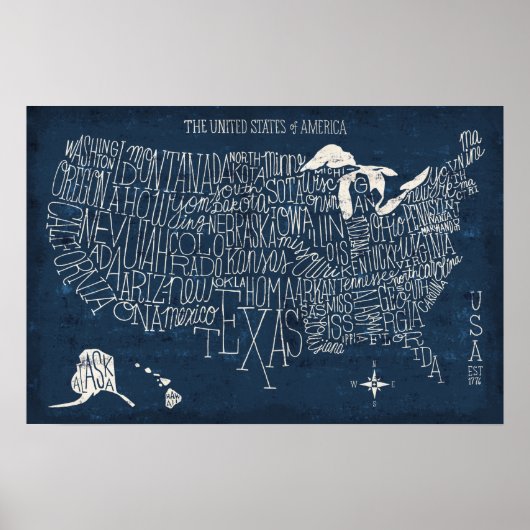 Hand Lettered Blue USA Map Poster (Vorne)