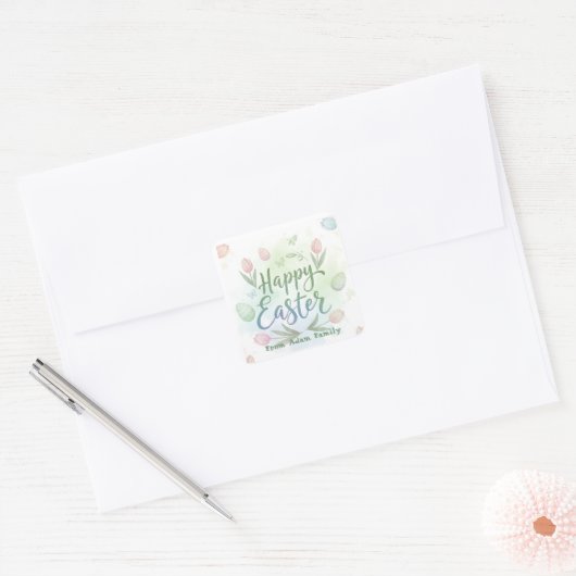 Hand-Lettered Happy Easter Watercolor Quadratischer Aufkleber (Umschlag)