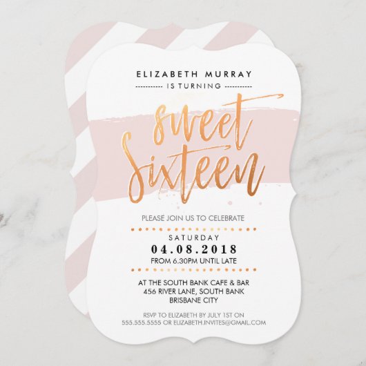 HAND LETTERED SCRIPT süß 16 trendige Kupferpinke Einladung (Vorne/Hinten)