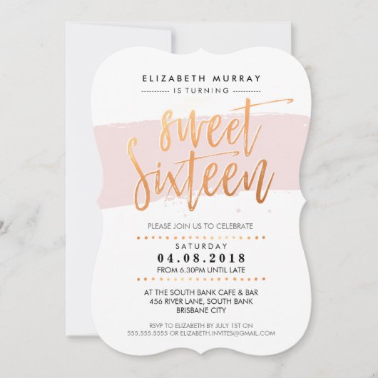 HAND LETTERED SCRIPT süß 16 trendige Kupferpinke Einladung (Vorderseite)