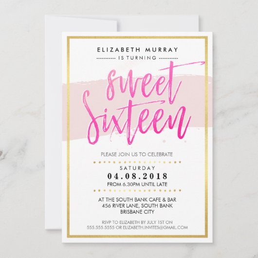 HAND LETTERED SCRIPT Süßes 16 trendy heißes rosa G Einladung (Vorderseite)