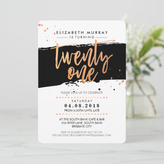 HAND LETTERED SCRIPT Typ trendige Kupferfolie schw Einladung (Stehend Vorderseite)