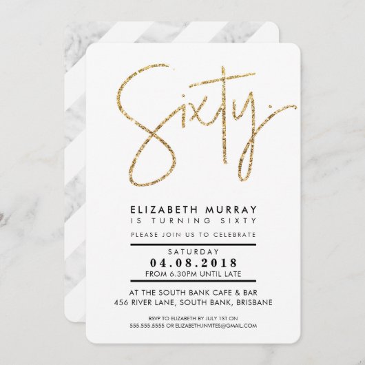 HAND LETTERED simple gold Glitzer sechzig. Einladung (Vorne/Hinten)