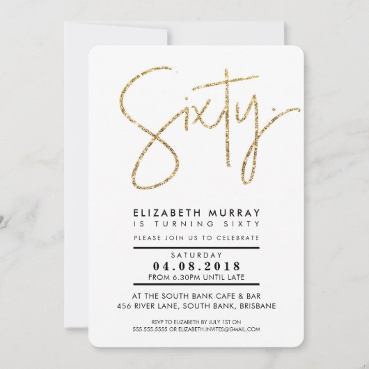 HAND LETTERED simple gold Glitzer sechzig. Einladung (Vorderseite)