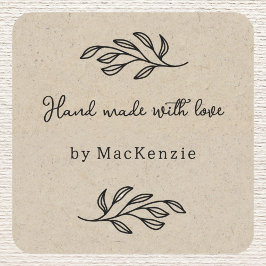 Hand Made With Love Brown Paper Botanical Leaf  Quadratischer Aufkleber