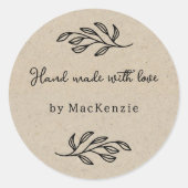 Hand Made With Love Brown Paper Botanical Leaf  Runder Aufkleber (Vorderseite)