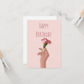 Hand mit Carnation Blume Happy Birthday Karte (Vorderseite/Rückseite Beispiel)
