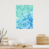Hand Painted Blue Green Flower Design Poster (Küche)