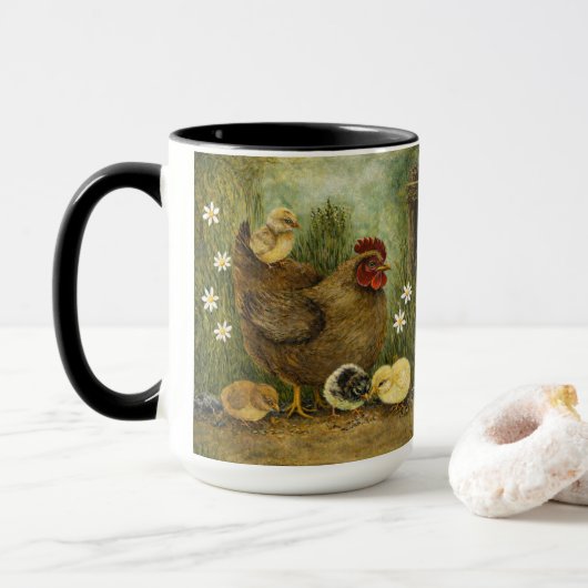 Hand-Painted Chicken & Chicks and Rooster Mug Tasse (Mit Donut)