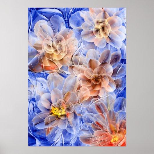 Hand Painted Floral Fantasy - Blue and Peach Bloom Poster (Vorne)
