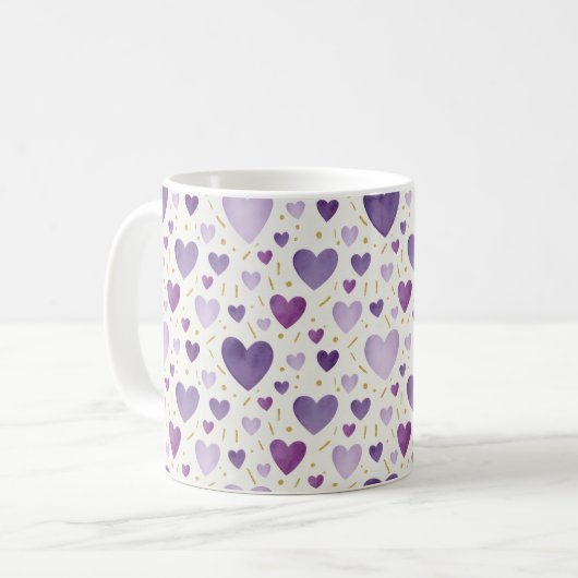 Hand-Painted Lavender & Gold Watercolor Hearts Kaffeetasse (Vorderseite Links)