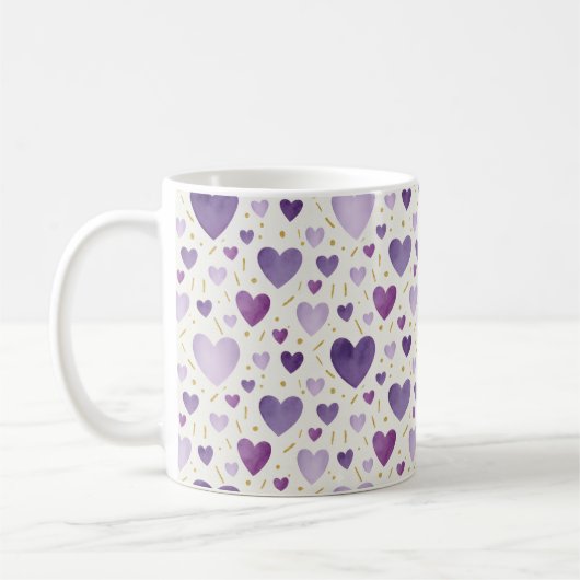 Hand-Painted Lavender & Gold Watercolor Hearts Kaffeetasse (Links)