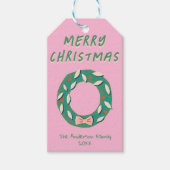Hand Painted Pink Green Christmas Wreath Bold Geschenkanhänger (Vorderseite)