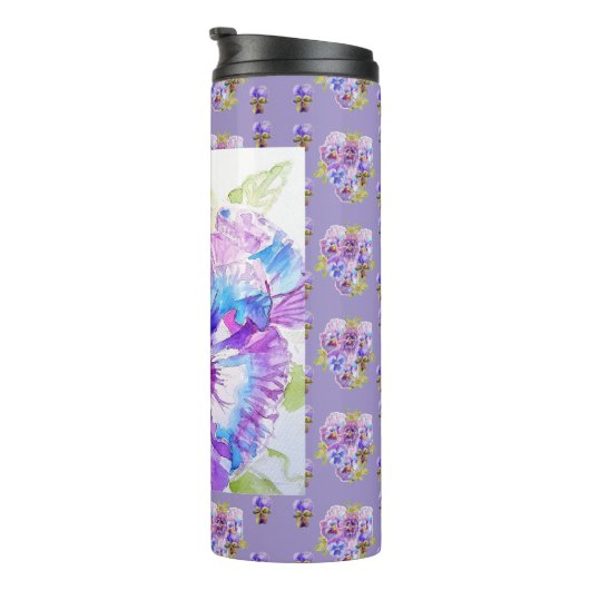 Hand Painted Purple Pansy Pansies floral Thermosbecher (Nach rechts gedreht)