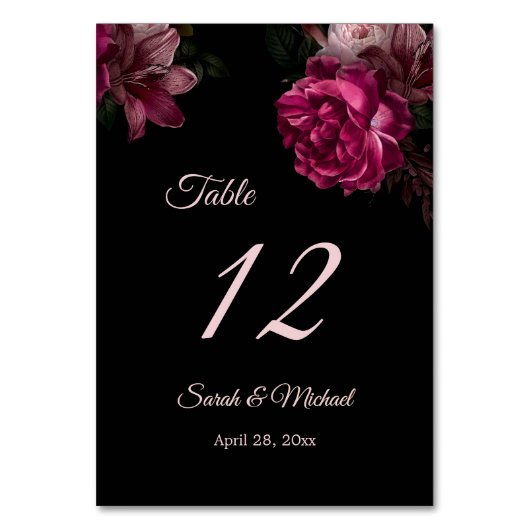 Hand Painted Roses Dark Moody Floral Wedding   Tischnummer (Vorderseite)