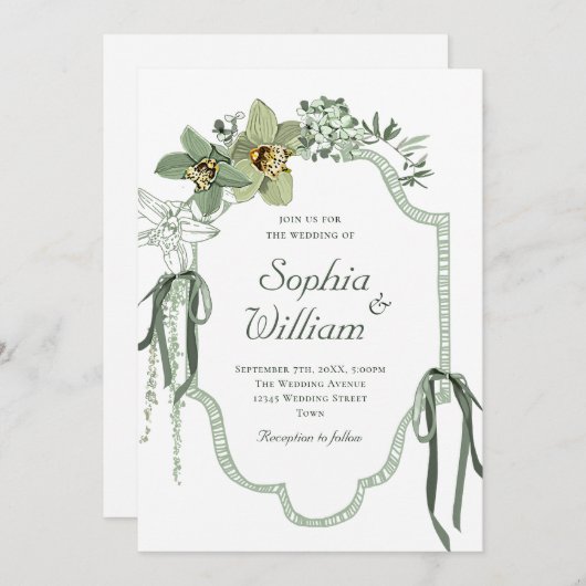 Hand Painted Sage Green Orchids Wedding Invitation Einladung (Vorne/Hinten)