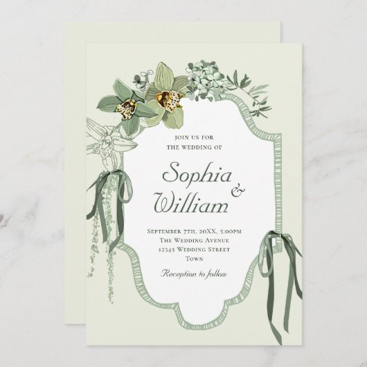 Hand Painted Sage Green Orchids Wedding Invitation Einladung (Vorne/Hinten)