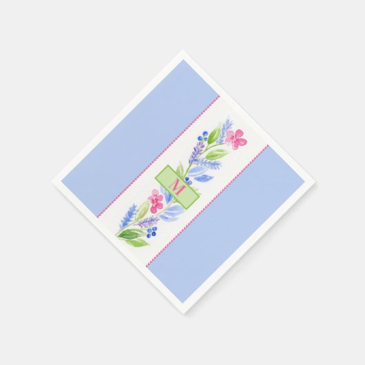 Hand Painted Watercolor Floral NAME Initial Blue Serviette (Ecke)