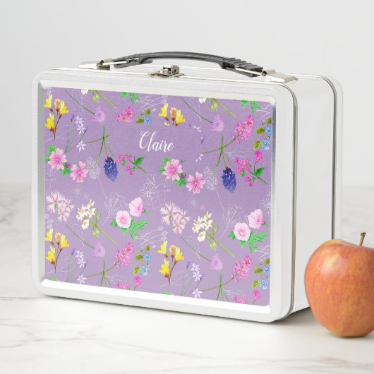 Hand-painted watercolour flowers on a pastel lilac metall brotdose (Beispiel)