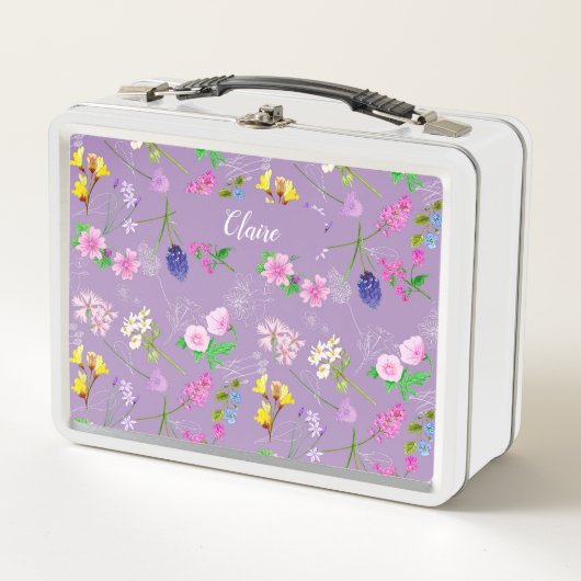 Hand-painted watercolour flowers on a pastel lilac metall brotdose (Vorderseite)