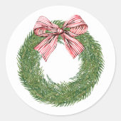 Hand Painted Winter Pine Wreath Striped Red Bow Runder Aufkleber (Vorderseite)