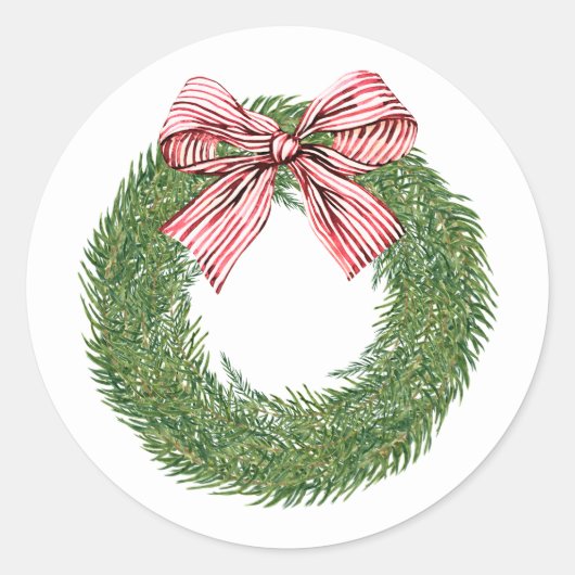 Hand Painted Winter Pine Wreath Striped Red Bow Runder Aufkleber (Vorderseite)