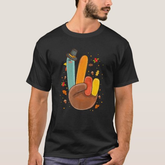 Hand Peace Sign Turkey Pilgrim Hat Cool Retro Than T-Shirt (Vorderseite)