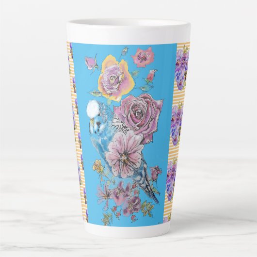 Hand Pink Blue Budgie Blumenblume Latte Tasse (Vorderseite)