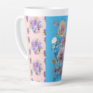 Hand Pink Blue Budgie Blumenblume Latte Tasse