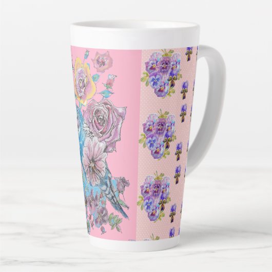 Hand Pink Blue Budgie Blumenblume Latte Tasse (Rechte Ecke)