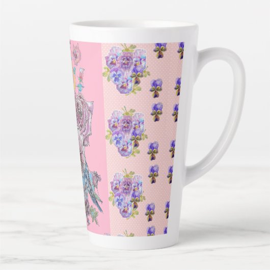 Hand Pink Blue Budgie Blumenblume Latte Tasse (Rechts)