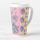 Hand Pink Blue Budgie Blumenblume Latte Tasse (Rechte Ecke)