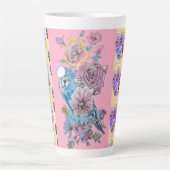 Hand Pink Blue Budgie Blumenblume Latte Tasse (Vorderseite)