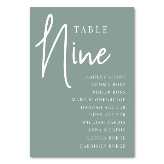 Hand Scripted Table NINE + Guest Names Tischnummer (Rückseite)