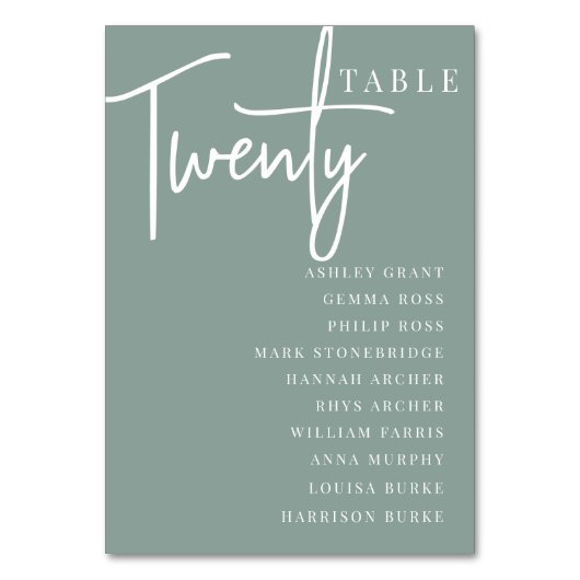Hand Scripted Table TWENTY + Guest Names Tischnummer (Vorderseite)