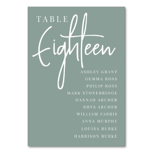 Hand Scripting Table ACHTEEN + Gästebamen Tischnummer (Vorderseite)