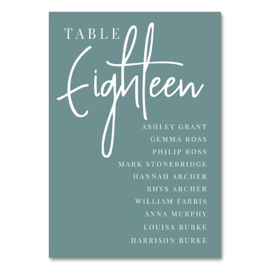 Hand Scripting Table ACHTEEN + Gästebamen Tischnummer (Vorderseite)