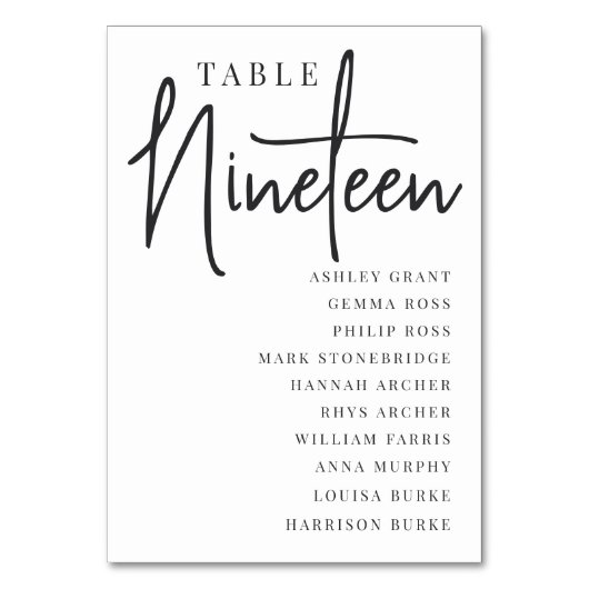 Hand Scripting Table NINETEEN + Guest Names Tischnummer (Vorderseite)