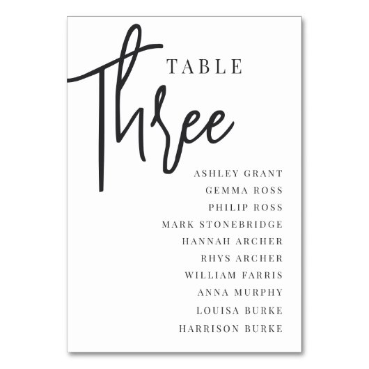 Hand Skript Tabelle DREE + Gast-Namen Tischnummer (Vorderseite)