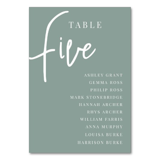 Hand-Skript Tabelle FÜNF + Gast-Namen Tischnummer (Vorderseite)