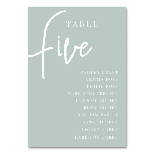 Hand-Skript Tabelle FÜNF + Gast-Namen Tischnummer (Vorderseite)