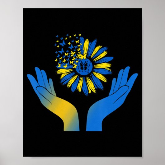 Hand Sonnenblumen Schmetterling Ukrainische Fahne  Poster (Vorne)