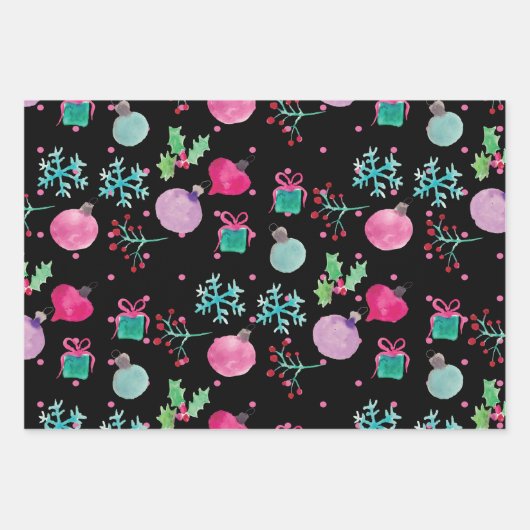Hand Wasserfarbe Schneeflocken Weihnachten Schwarz Geschenkpapier Set (Vorderseite)