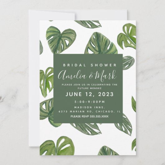 Hand Watercolor Monstera Adansonii Leaf Bridal Einladung (Vorderseite)