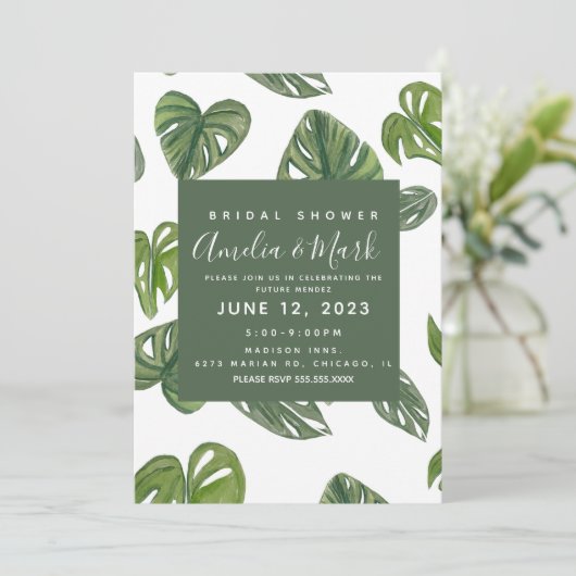 Hand Watercolor Monstera Adansonii Leaf Bridal Einladung (Stehend Vorderseite)